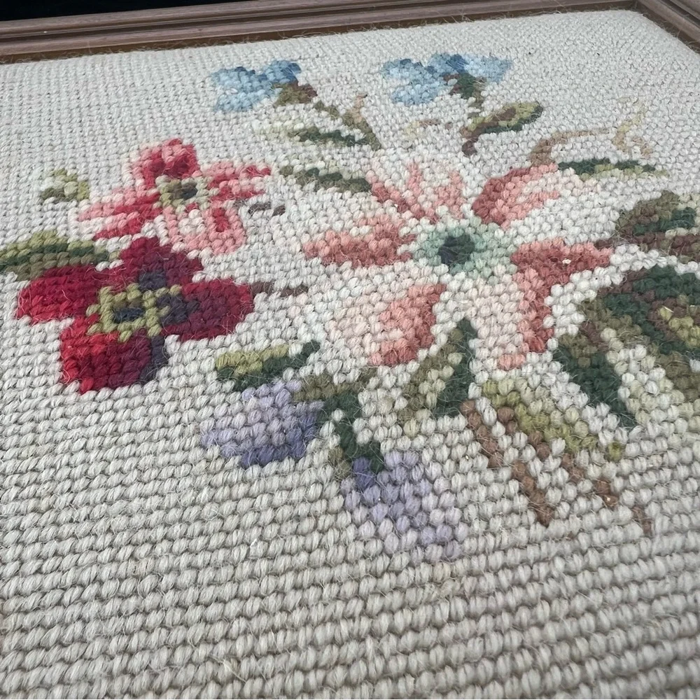 Floral Needlepoint Embroidered Framed Wall Art VTG Cottage Muted Flowers Tan